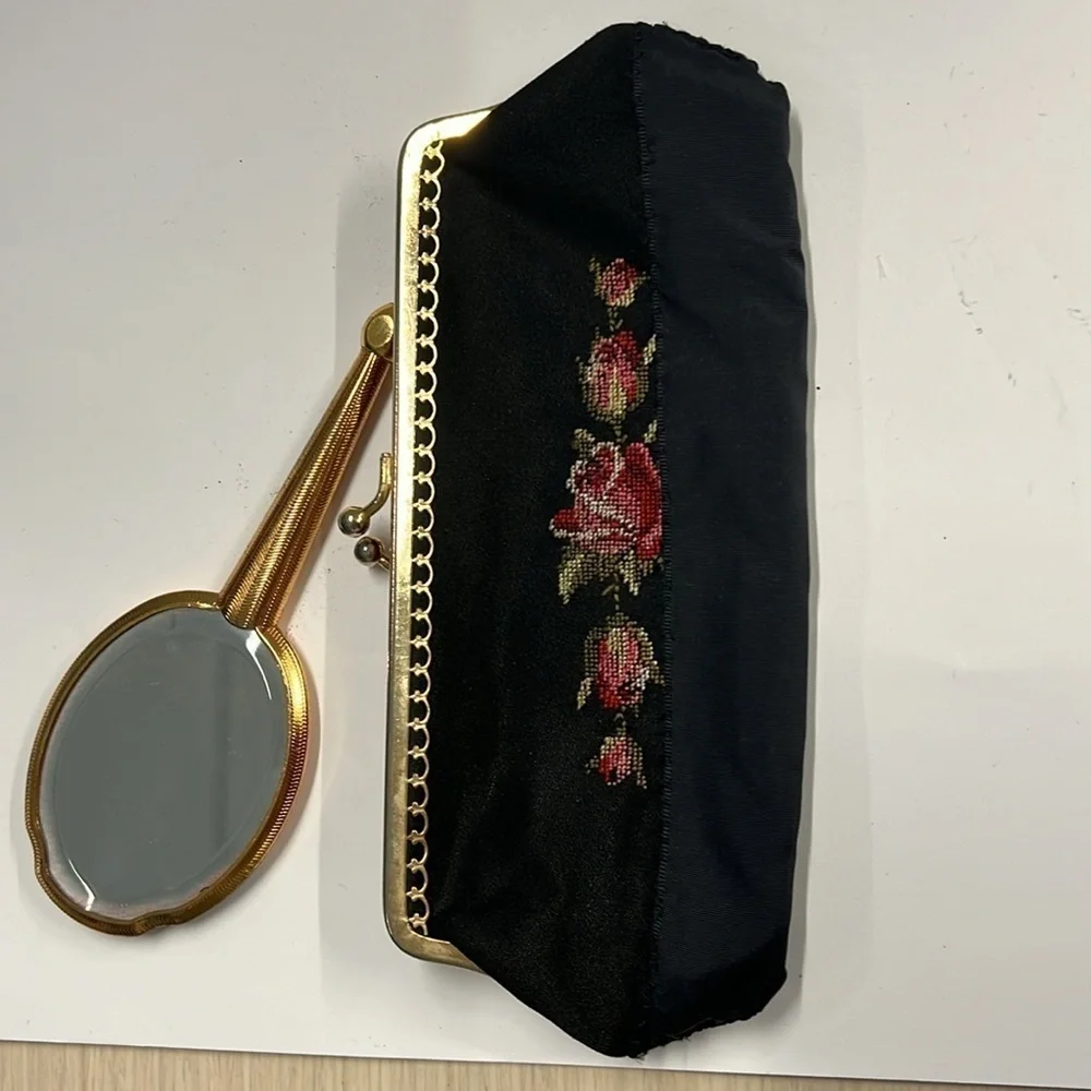 Vintage Petit Point Kisslock Snap Clutch w/Hand Mirror